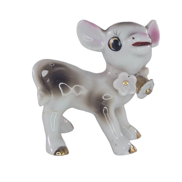 Vintage Ceramic Calf Baby Cow Figurine Flower Bell Collar Anthropomorphic *FLAW - Picture 1 of 8